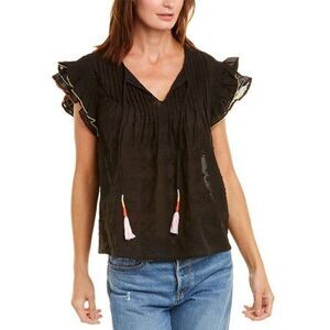 Anthropologie Dolan Rainbow Tassel Sheer Embroidered Flutter Sleeve Top Small